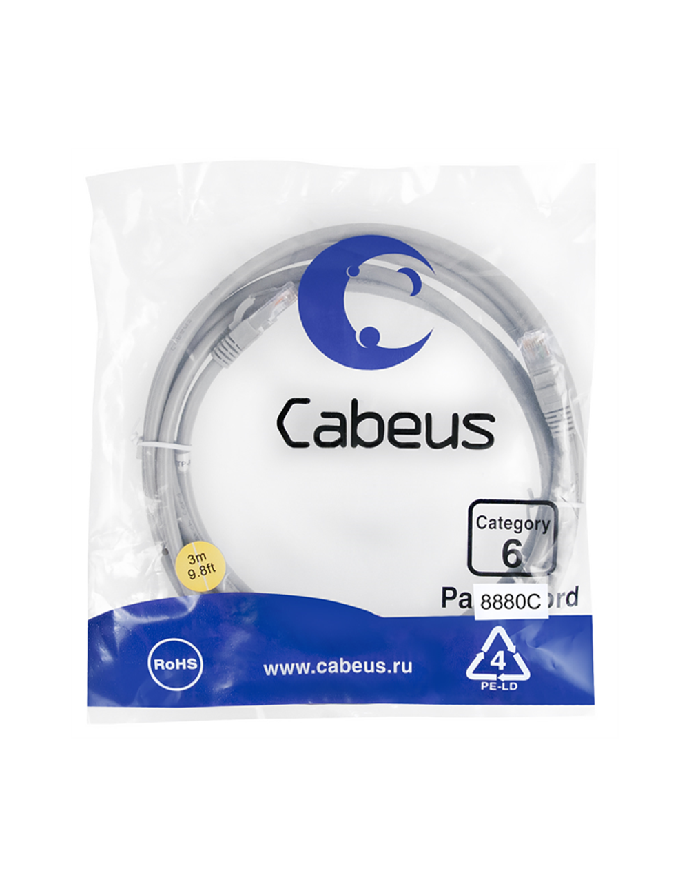 Cabeus PC-UTP-RJ45-Cat.6-3m-LSZH Патч-корд U/UTP, категория 6, 2xRJ45/8p8c, неэкранированный, серый, LSZH, 3м