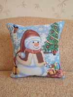 Декоративный гобеленовый чехол для интерьерной подушки Снеговик 38*38