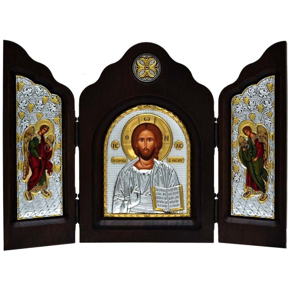 Складень Спаситель с Архангелами в серебряном окладе.