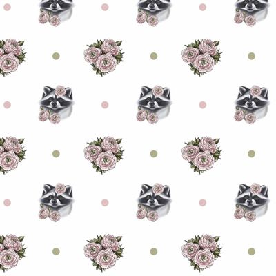 Енотики и нежные цветы на белом фоне с горошком