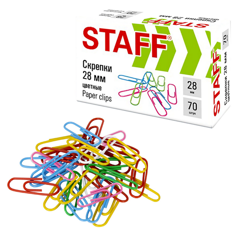 Скрепки 28 мм. 70 штук, цветные (STAFF)