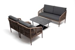 "Канны" лаунж-зона 4-местная из роупа со столом "Верона" (серый гранит), каркас алюминиевый коричневый, роуп коричневый