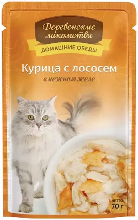 Деревенсике лакомства 0.07кг домашние обеды курица с лососем в желе пауч для кошек