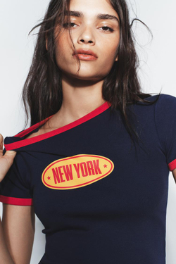 ZARA ФУТБОЛКА С НАДПИСЬЮ, СИНИЙ