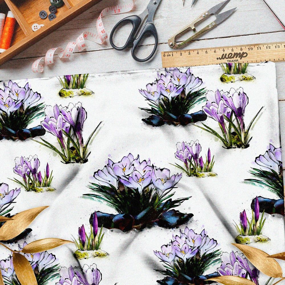 Ткань флис голубые цветы в кустах