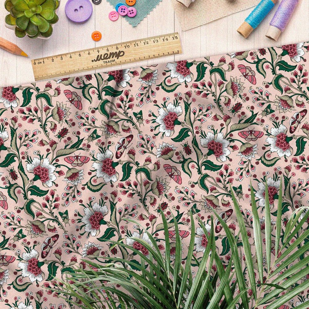 Ткань бифлекс орнамент цветов с листьями