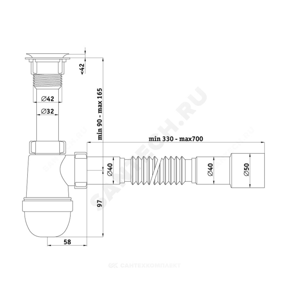 Сифон для умывальника/мойки бутылочный 1 1/4"x40 с гофрой 40х40/50 литой выпуск с пластиковой решёткой Варяг АНИ Пласт C5015