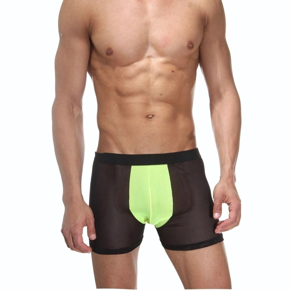 Мужские полупрозрачные трусы-боксеры с неоновой вставкой (Размер: S-M) (Цвет: черный)