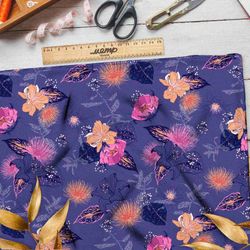 Ткань таффета розовые цветы на синем