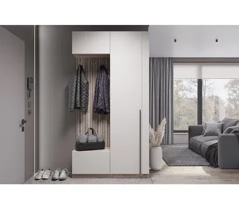 Прихожая фасад - кашемир , корпус дуб смоки, ширина - 120,2, высота - 229,3, глубина - 37,2