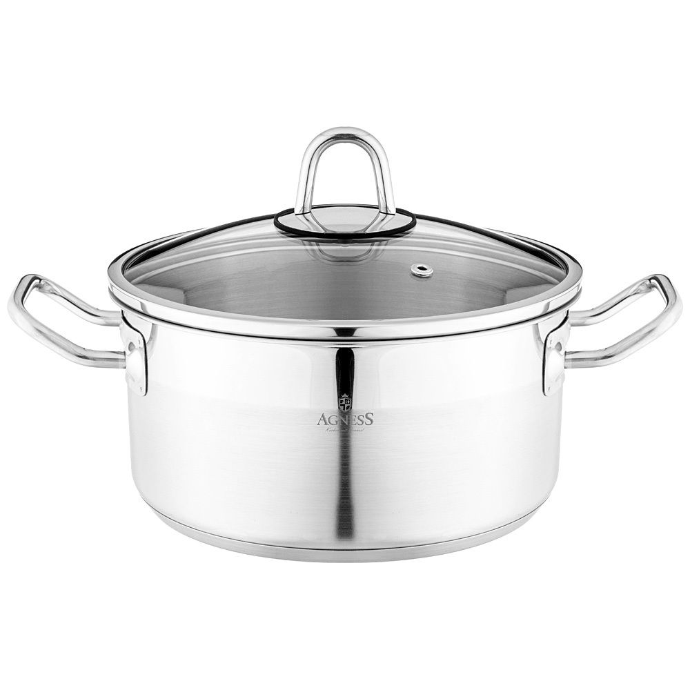 КАСТРЮЛЯ AGNESS 20X10 СМ 2,8 Л ВЫСОКОКАЧЕСТВЕННАЯ НЕРЖ СТАЛЬ 18/10 СО СТЕКЛ.КРЫШКОЙ