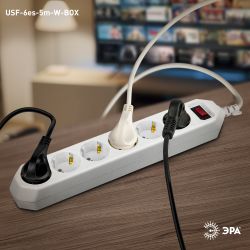 Сетевой фильтр ЭРА USF-6es-5m-W с базовой защитой с заземлением с выключателем 6 розеток 5м 10А белый