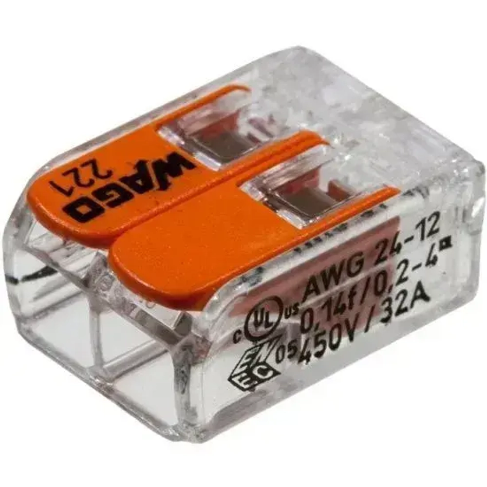 Клемма Wago 221-412, 2-х проводная для соединения проводов (Ваго), 10 шт