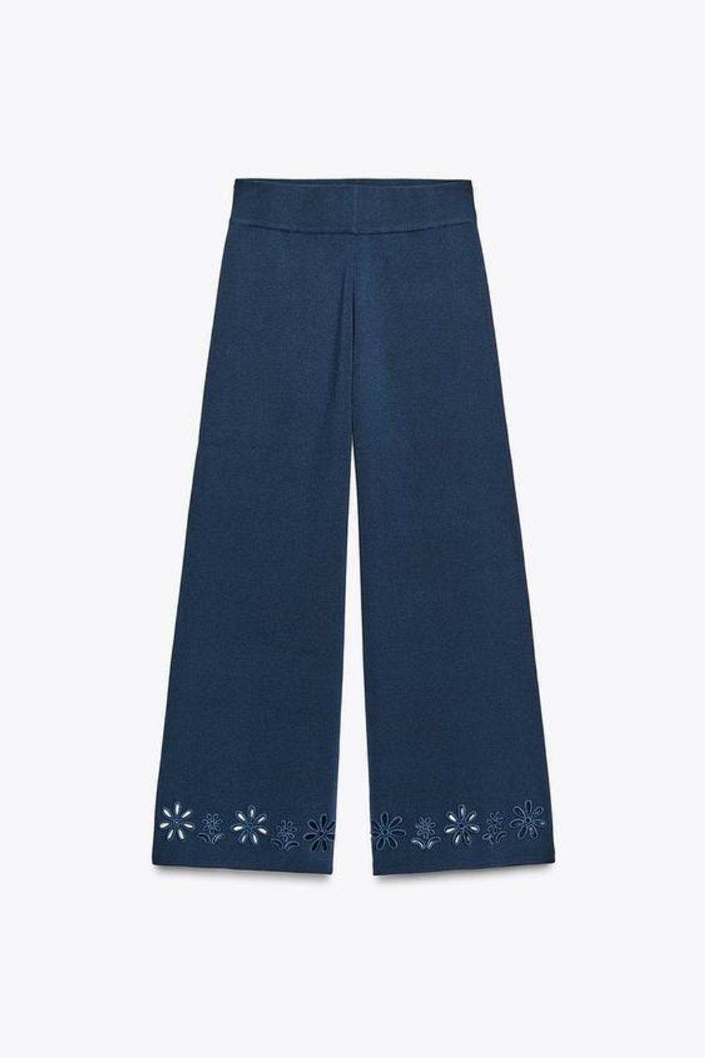 ZARA ТРИКОТАЖНЫЕ БРЮКИ С АЖУРНОЙ ВЫШИВКОЙ, СИНИЙ