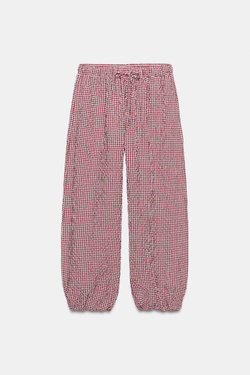 ZARA БРЮКИ-БАГГИ В КЛЕТКУ ВИШИ, БЕЛЫЙ/КРАСНЫЙ