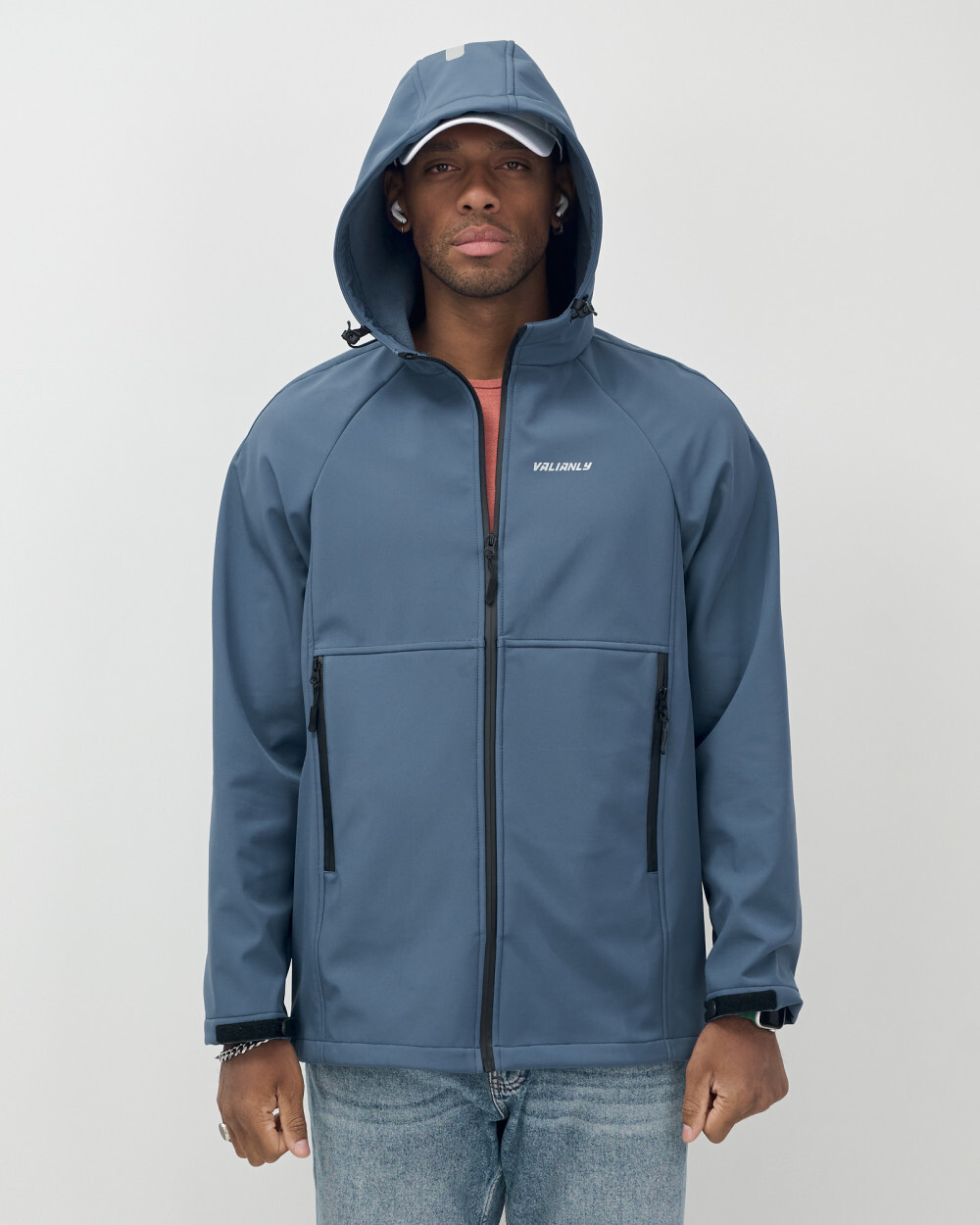 Ветровка спортивная мужская с капюшоном softshell синего цвета 9563S