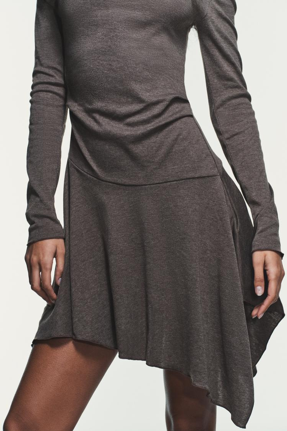 ZARA КОРОТКОЕ ПЛАТЬЕ АСИММЕТРИЧНОГО КРОЯ, КОРИЧНЕВЫЙ МЕЛАНЖ