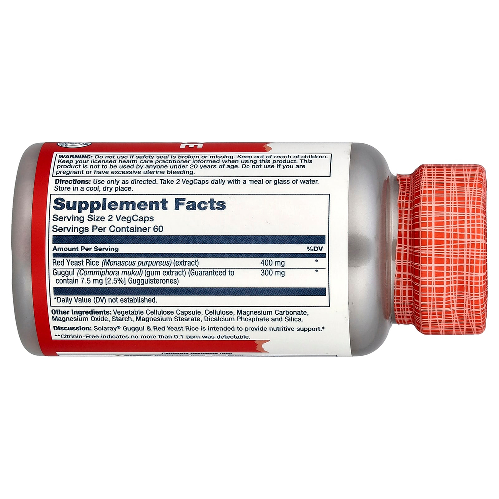 Solaray, гуггул, красный ферментированный рис, 120 растительных капсул
