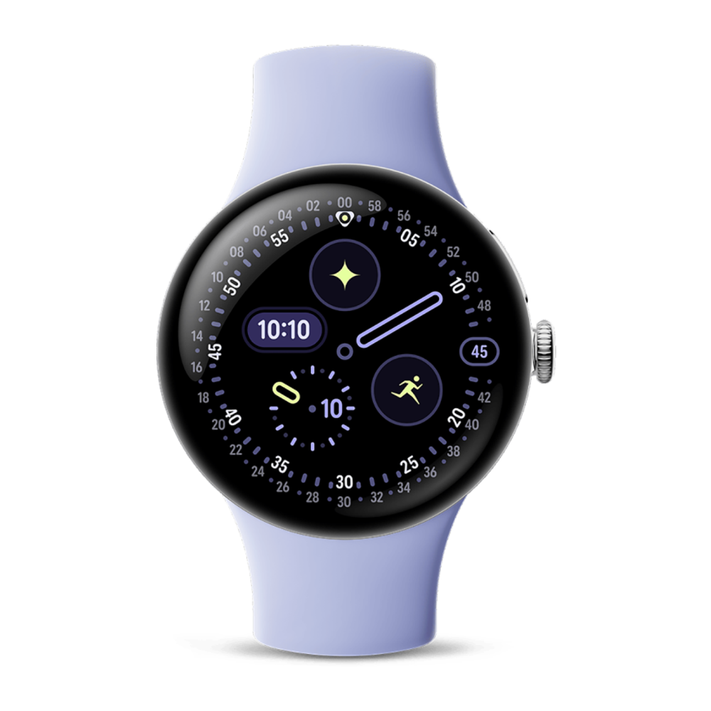 Умные часы Google Pixel Watch 4, 41 мм, Wi-Fi, ремешок цвета «голубой ирис» Полированный серебристый корпус из переработанного алюминия, ремешок из фторэластомера с покрытием «софт-тач» и застёжкой pin-and-tuck — на запястье обхватом 130–210 мм