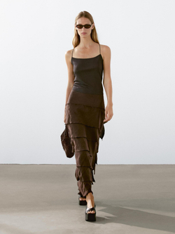 Massimo Dutti Юбка миди с оборкой, шоколадный