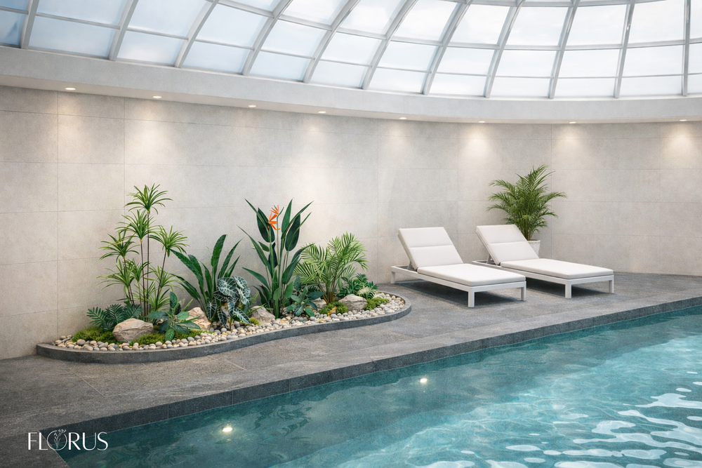 Напольная композиция в стиле тропики с кустами стрелиции высотой 150 см, длина 2–2,5 м