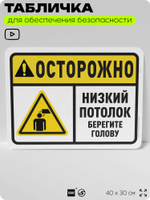 Табличка для обеспечения безопасности "Осторожно, низкий потолок, берегите голову", для офиса, по охране труда для предприятия, организаций, 40х30 см, Silver Plane x Айдентика Технолоджи