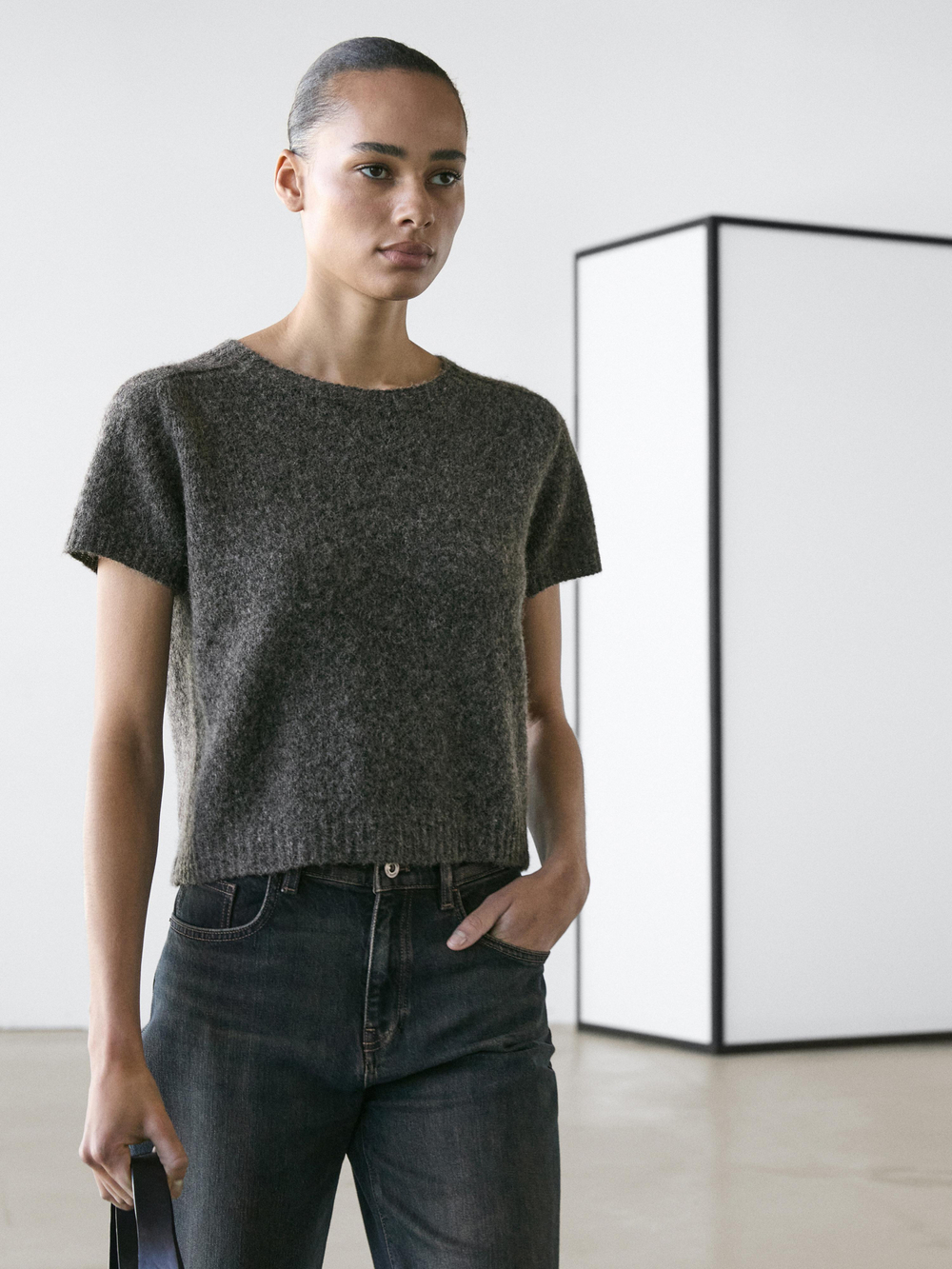 Massimo Dutti Короткий трикотажный свитер из шерсти и альпаки, серый