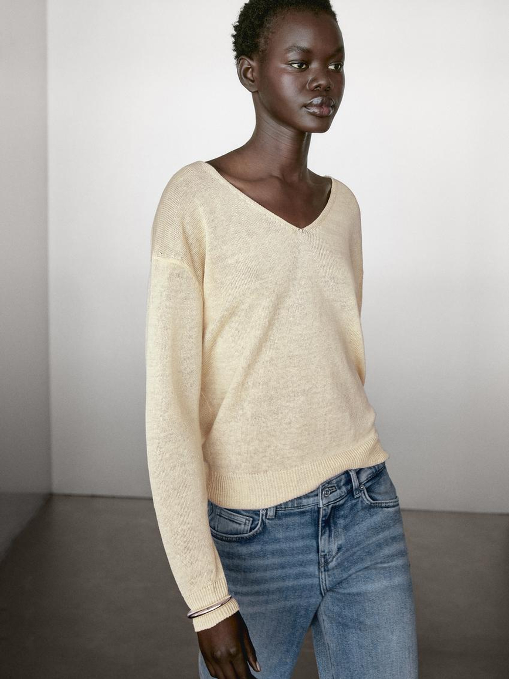 Massimo Dutti Свитер из 100% льна с длинными рукавами, желтый