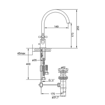 Смеситель для раковины Steinberg Серия 250 с поворотным изливом, с 90° керамическими вентилями, со сливным гарнитуром 1 1/4“, с гибкими шлангами 3/8“, хром 250 1500