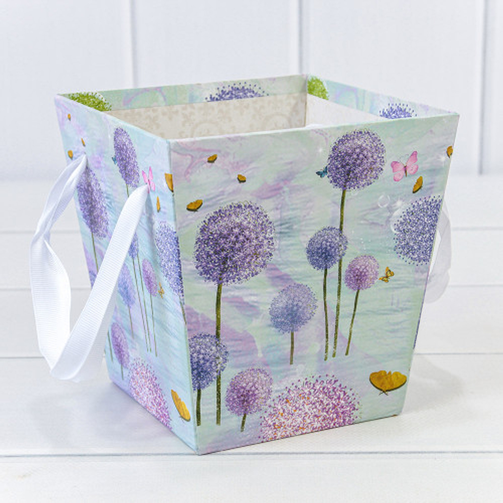 Коробка Ваза для цветов 14.5х14.5х15 см "Одуванчики" с ручками (Голубой)