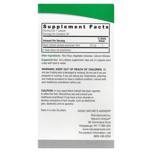 Nature's Answer, Черный кохош, трава полного спектра, 50 мг, 90 вегетарианских капсул