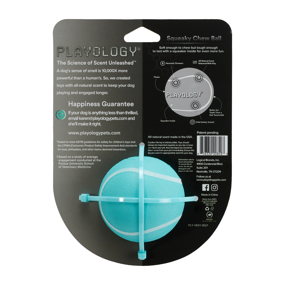 Playology  жевательный мяч SQUEAKY CHEW BALL 6 см для собак мелких и средних пород с пищалкой и с ароматом арахиса, цвет голубой