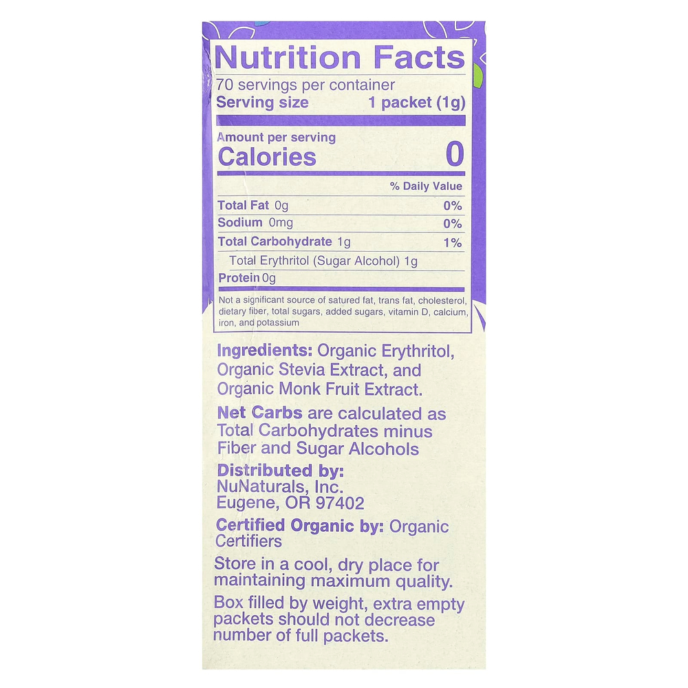 NuNaturals, Органический подсластитель, стевия и архат, 70 пакетиков, 2,47 унции (70 г)