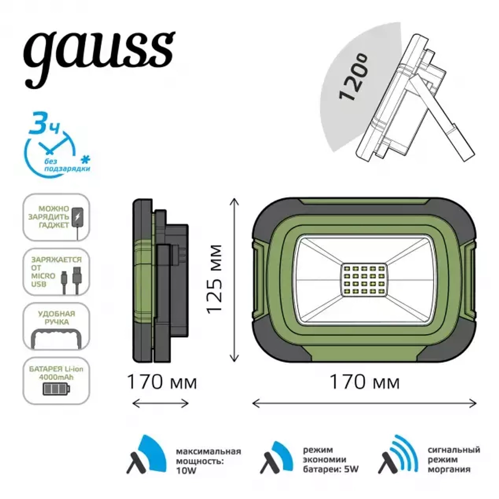 Прожектор Gauss LED Portable 10W 700lm IP44 6500К зеленый 686400310