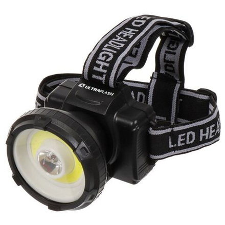 Фонарь налоб, встр акк, Ultraflash, LED5368, зар от сет220В, зар отUSB, пластик, чер, 1Вт LED+1,5Вт