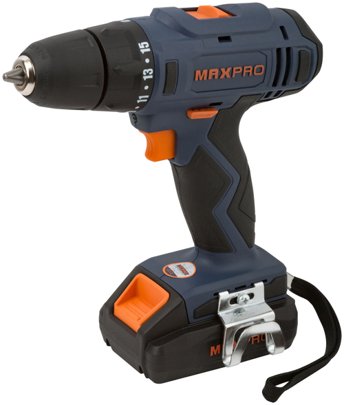 MAX-PRO Дрель-Шуруповерт аккумуляторная 18 В, 0-350/0-1250об/мин, 10мм, 30Нм, 2 батареи (Li-Ion) х1,5Ач, 15+1, 1ч., регулировка оборотов, резиновые вс 85030