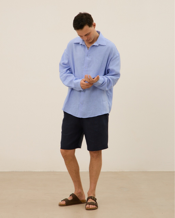 Рубашка мужская, из 100% льна, голубая