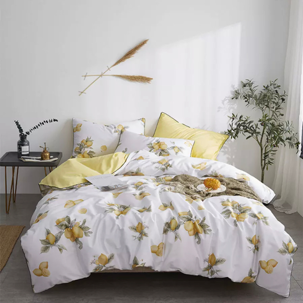 Постельное белье ЕВРО (двуспалка) Египетский Хлопок Лимоны на белом