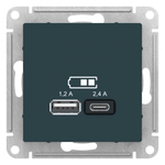 ATLASDESIGN USB РОЗЕТКА А+С, 5В/2,4 А, 2х5В/1,2 А, механизм, ИЗУМРУД ATN000839
