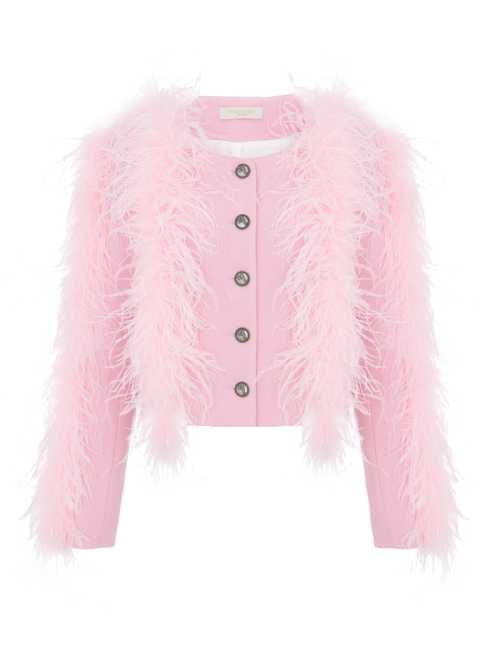 Жакет мини из крепа с перьями на груди и рукавах, светло-розовый