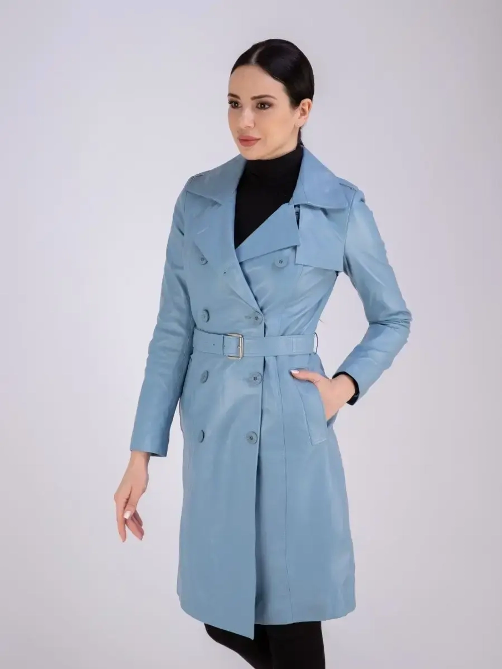 Тренч длинный кожаный с поясом плащ на весну