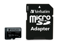 Карта памяти Verbatim Pro microSDXC 64GB UHS-I U3 V30, R/W 90/45 МБ/с с адаптером