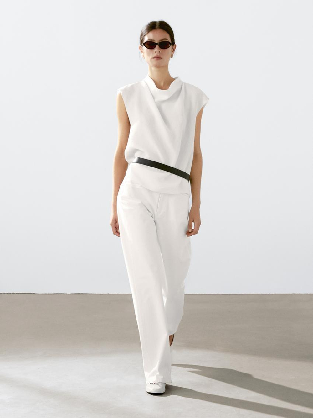 Massimo Dutti Блуза из струящейся ткани с драпированным воротником, белый