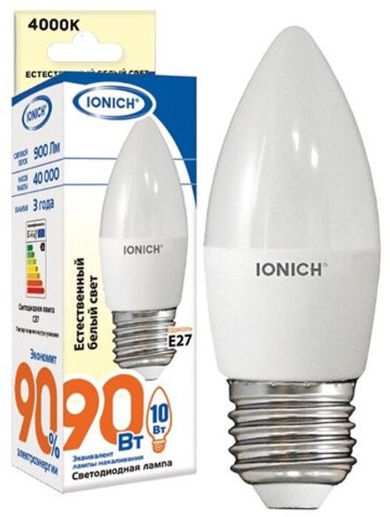 Лампа светодиодная IONICH "свеча" ILED-SMD2835-C37-10Вт-900Лм-230В-4000К-E27