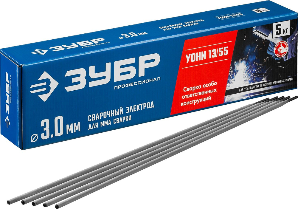 Электрод сварочный, ЗУБР Д 3.0 х 350 мм, 5 кг в коробке, УОНИ 13/55 с основным покрытием, Профессионал (40025-3.0)