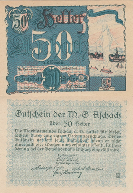 Австрия 50 геллеров 1920 Ашах-ан-дер-Донау aUNC