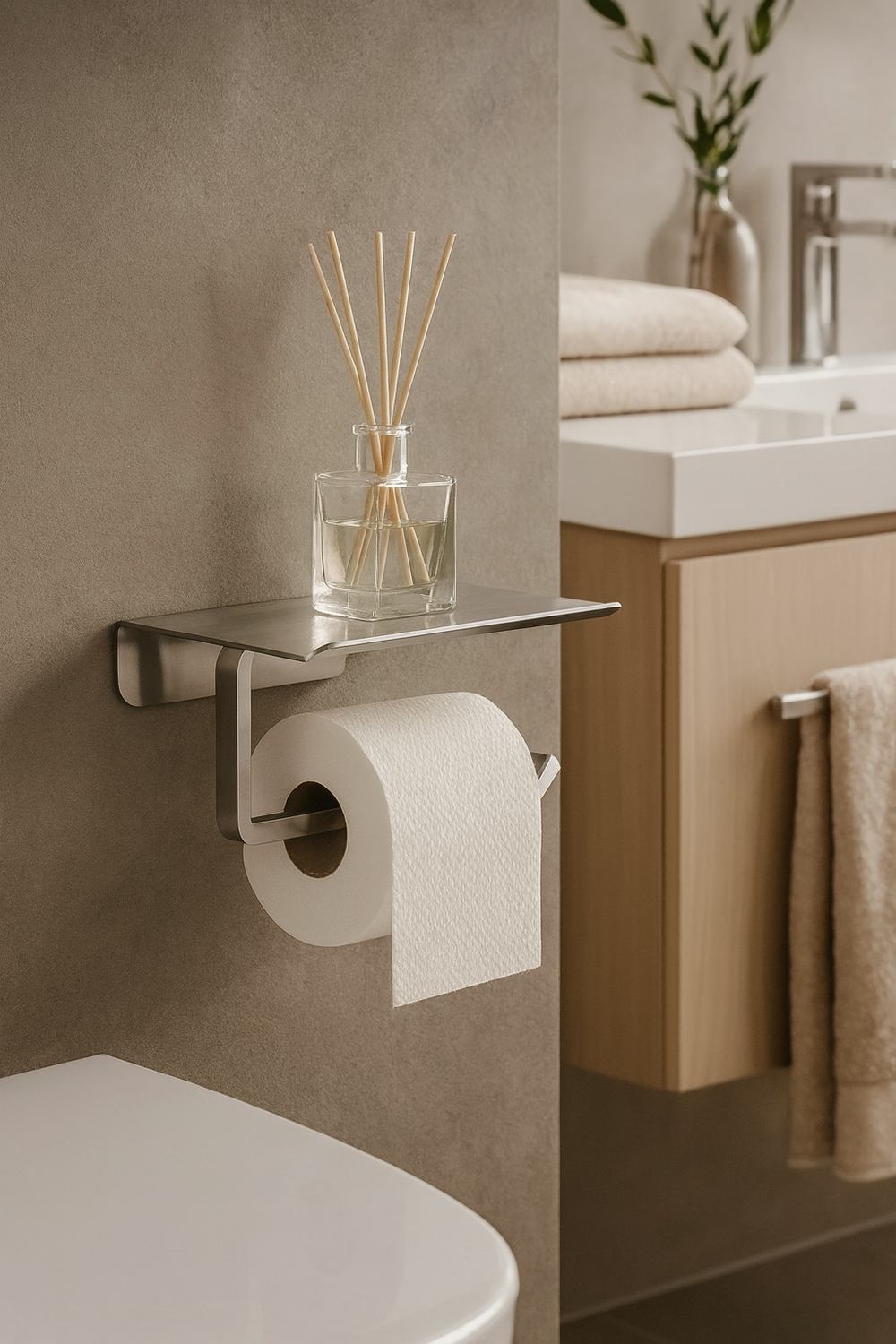 Держатель для туалетной бумаги STWORKI Киркенес S45345CR настенный, глянцевый хром, с полкой