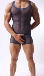 Синяя полупрозрачная мужская майка-борцовка (Размер: XL) (Цвет: синий)