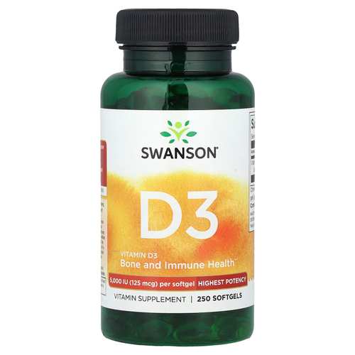 Swanson Vitamins, витамин D3, высочайшая эффективность, 125 мкг (5000 МЕ), 250 капсул