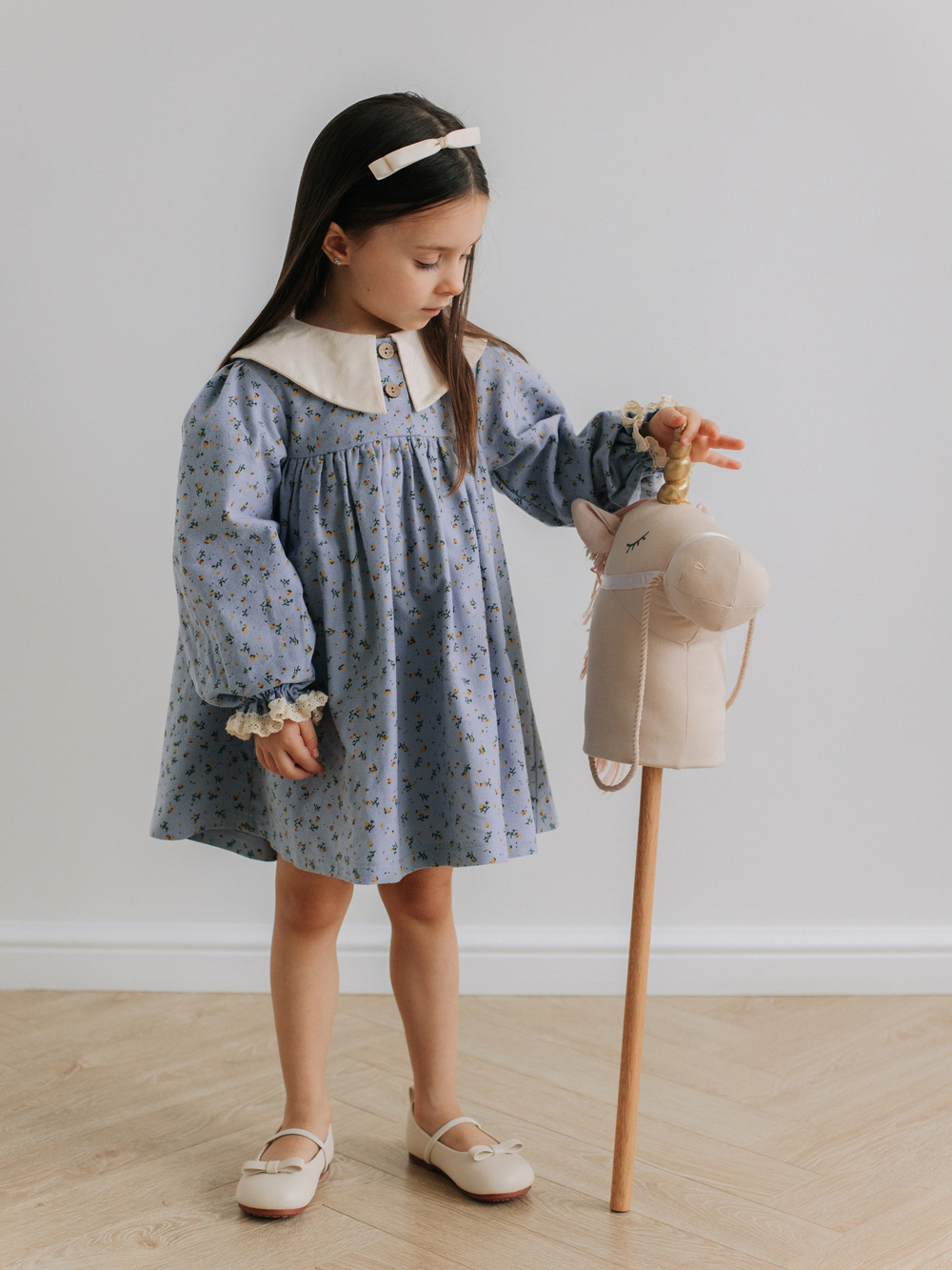 Платье с воротником в цветочек, Голубой